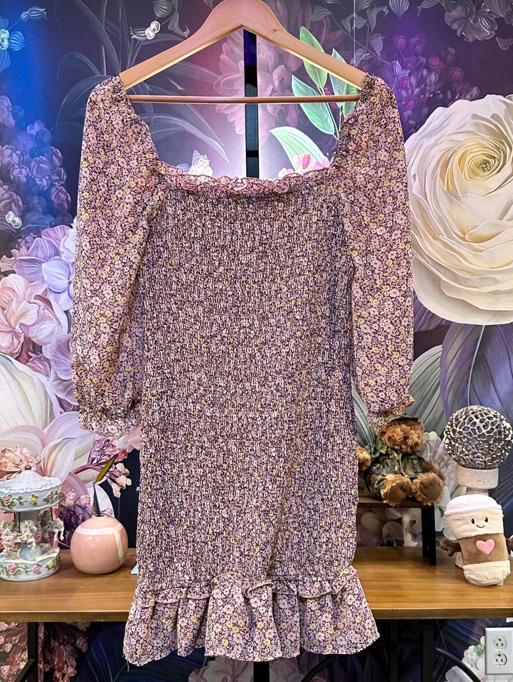 Dress Forum M Purple Floral Mini Dress with Smocked Bodice and Puff Sleeves